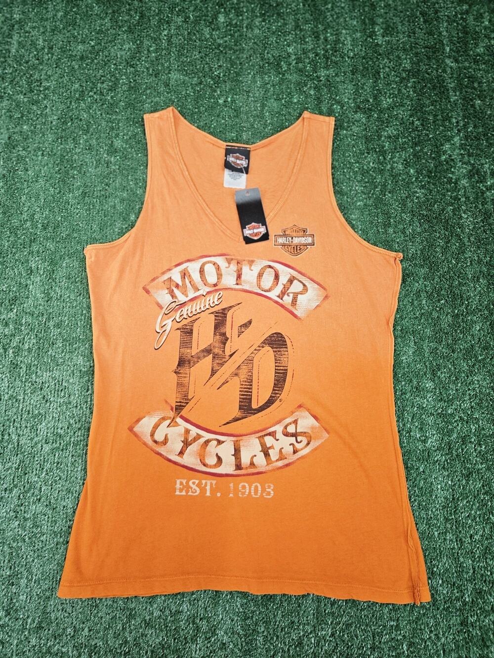 Harley Davidson Orange Womens Tank Top Large Distressed Motorcycle Double Sided